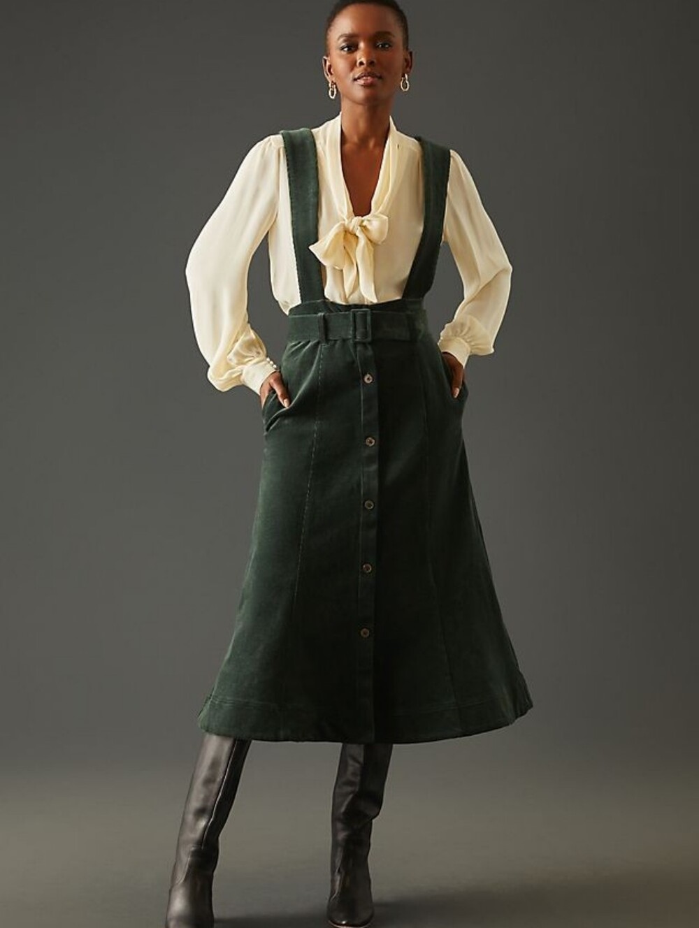 Maeve By Anthropologie Green Button-Front Suspender Midi Pinafore Skirt